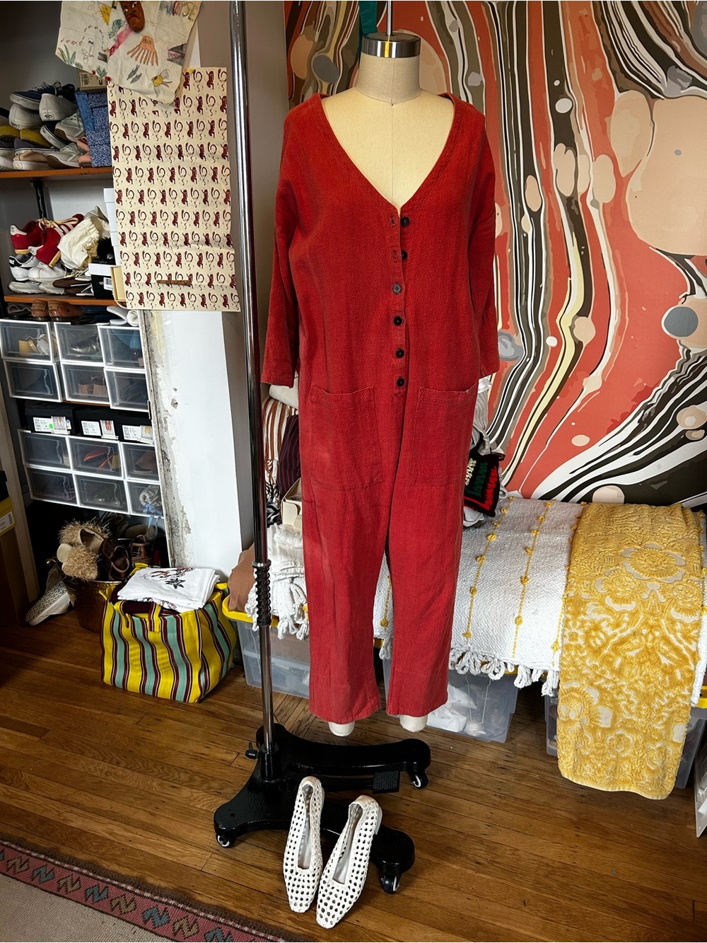 Happy French Gang Red Button-Front Women's Jumpsuit